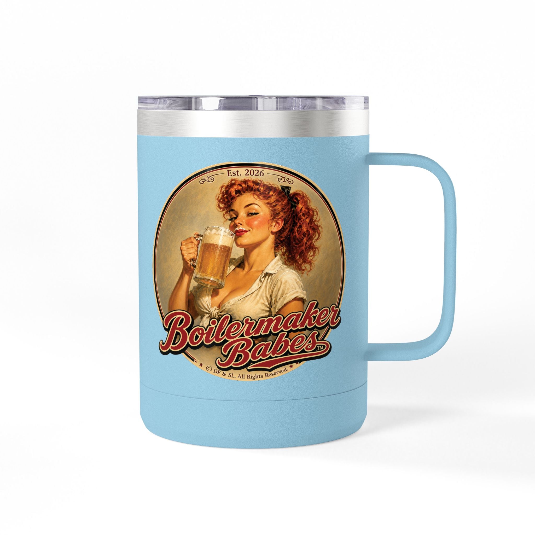 Thursti! (F) – 15oz. Insulated Mug - Boilermaker Babes ™ Vintage Style Pin-Up Art