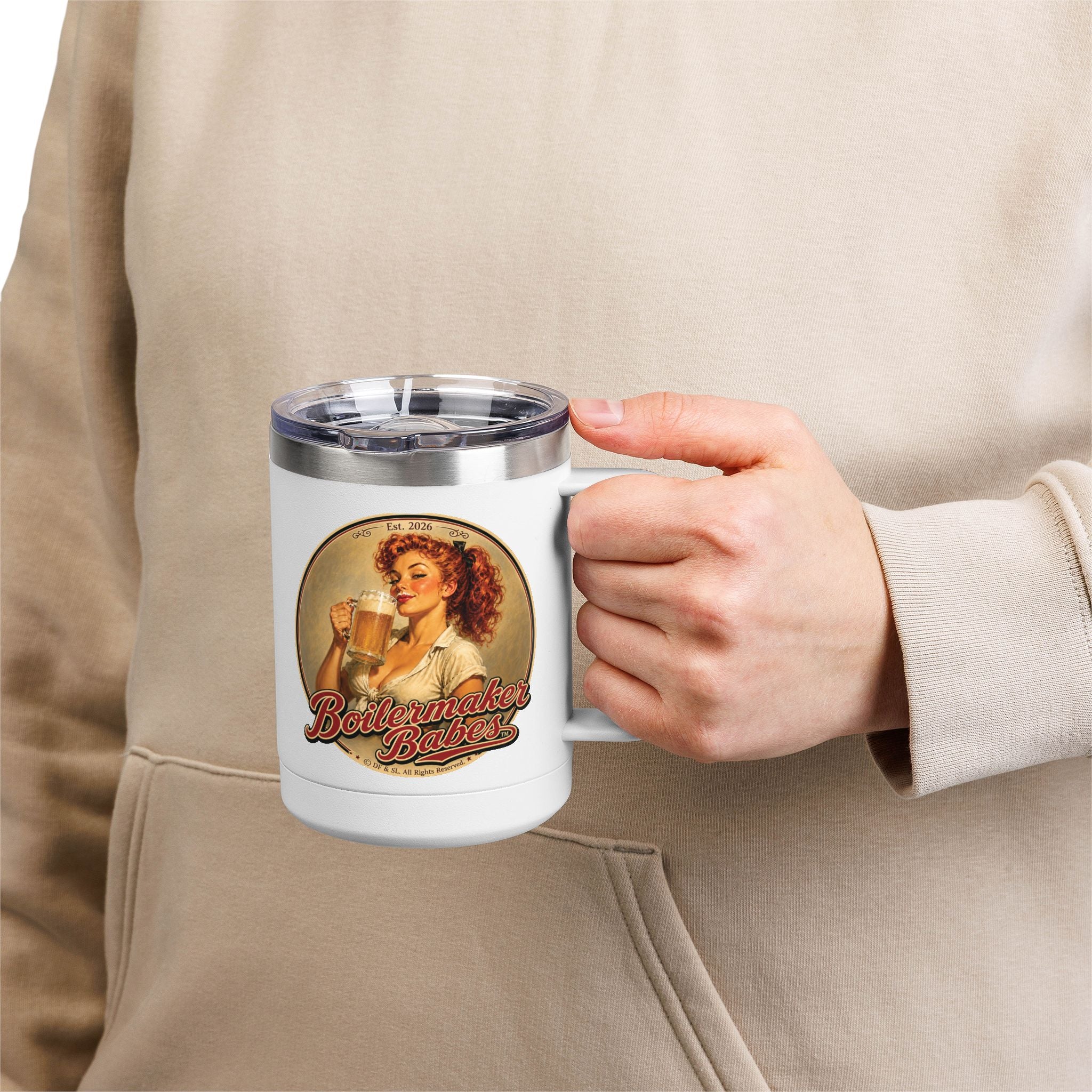 Thursti! (F) – 15oz. Insulated Mug - Boilermaker Babes ™ Vintage Style Pin-Up Art