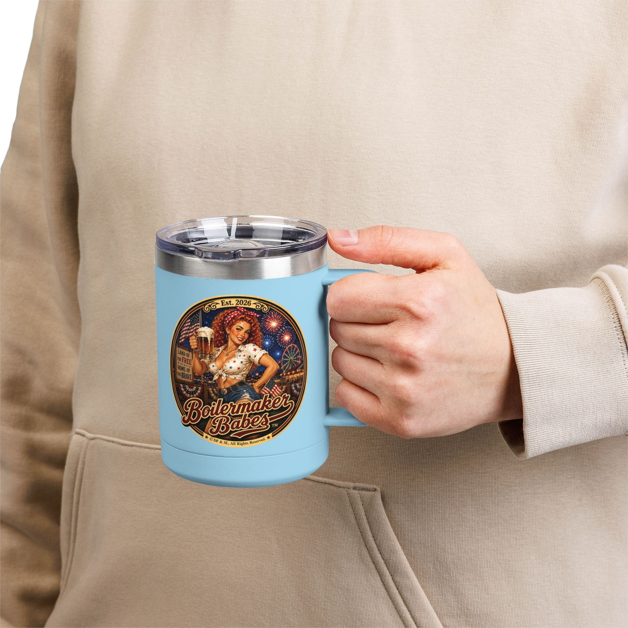 Xplore! (F)– 15oz. Insulated Mug - Boilermaker Babes ™ Vintage Style Pin-Up Art