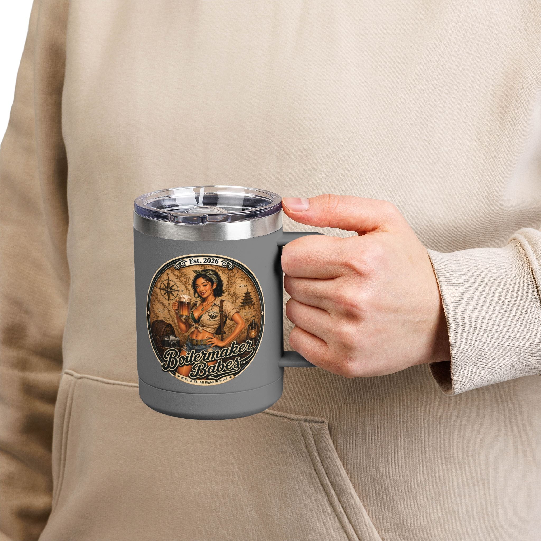 Xplore! (F) – 15oz. Insulated Mug - Boilermaker Babes ™ Vintage Style Pin-Up Art