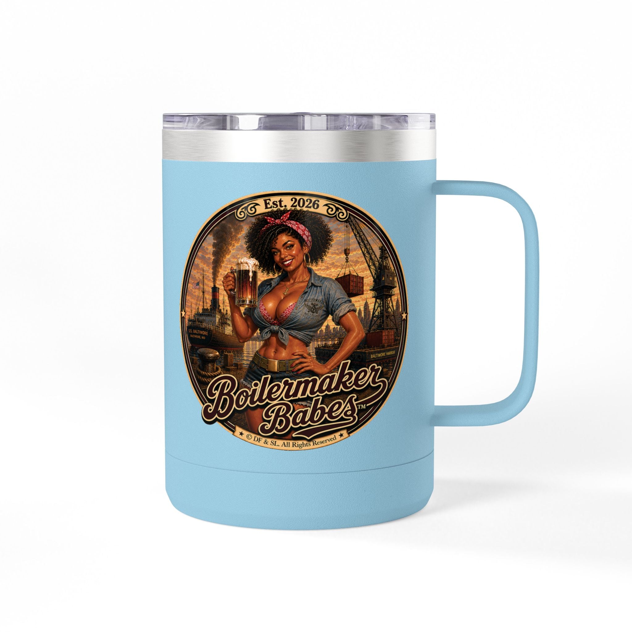 Docke! (F) – 15oz. Insulated Mug - Boilermaker Babes ™ Vintage Style Pin-Up Art