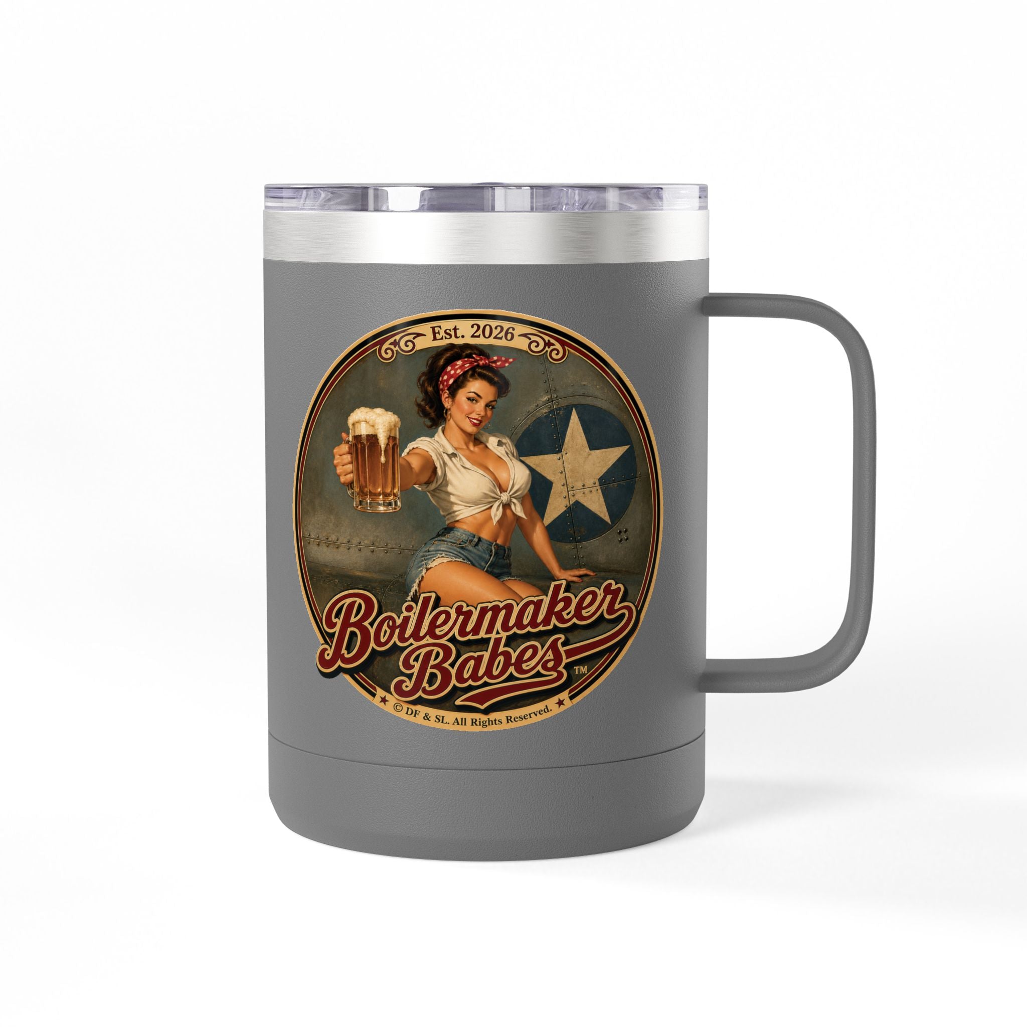 Rivets! (F) – 15oz. Insulated Mug - Boilermaker Babes ™ Vintage Style Pin-Up Art